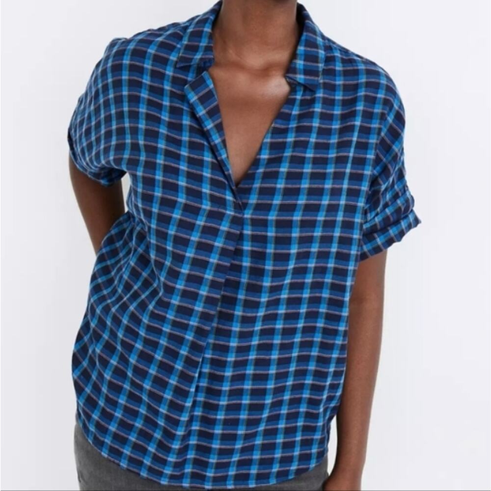 Madewell Shirt Women Extra Small Blue Double-Faced Park Pop Over Plaid Short Top